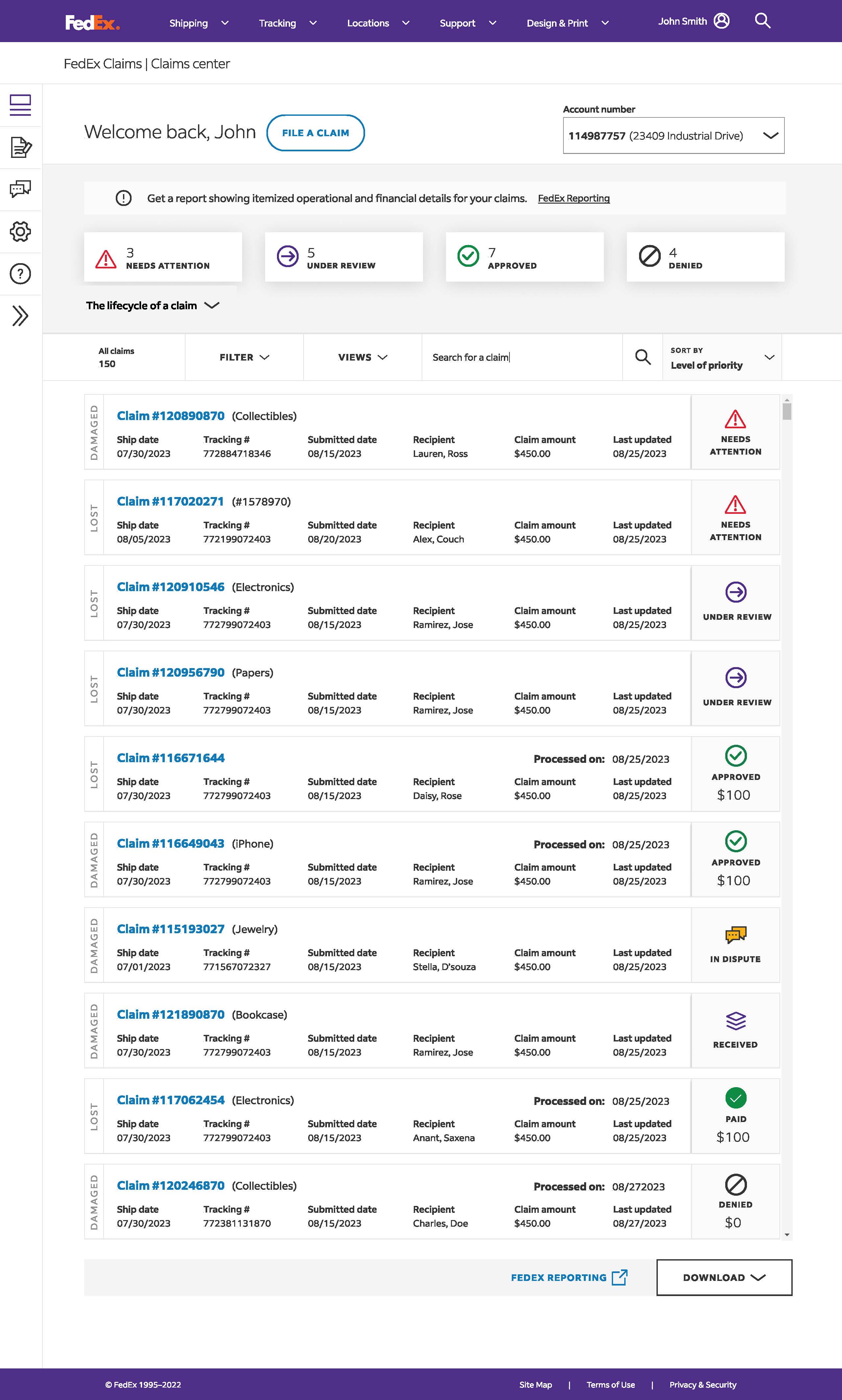Claims Center dashboard showing prioritized issue queue with status filters, claim trends, and proactive action prompts for open disputes