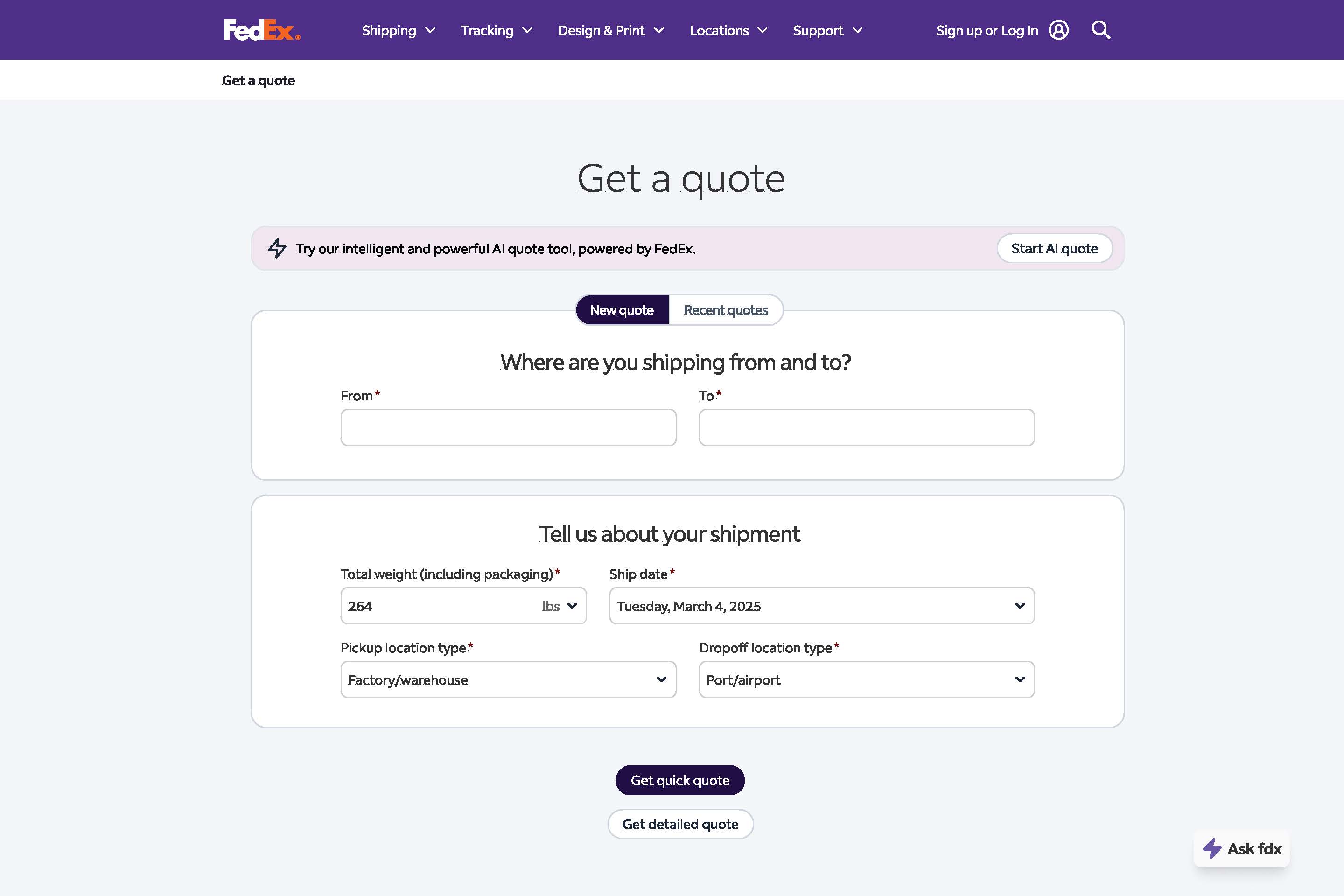 The Global Air Freight experience showing freight details entry for weight, dimensions, origin, and destination before multi-carrier rate comparison