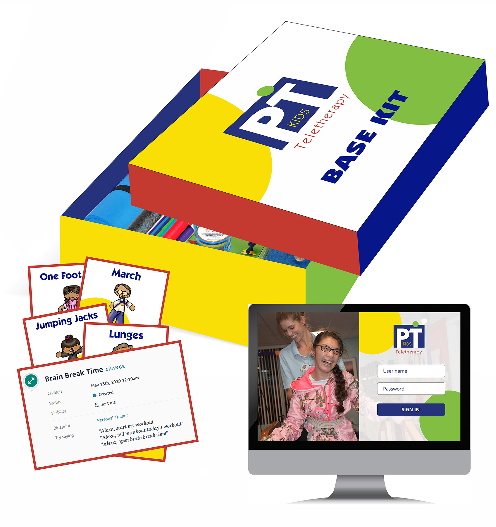 The PTKids physical therapy kit: customized per patient, numbered for in-session identification, and shipped to the family's home