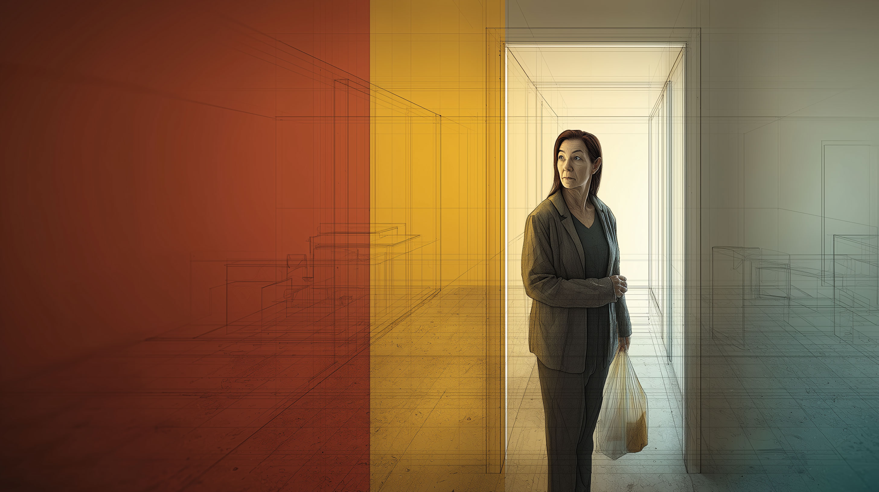 One figure alone in an institutional corridor — the system built for someone who wasn't there