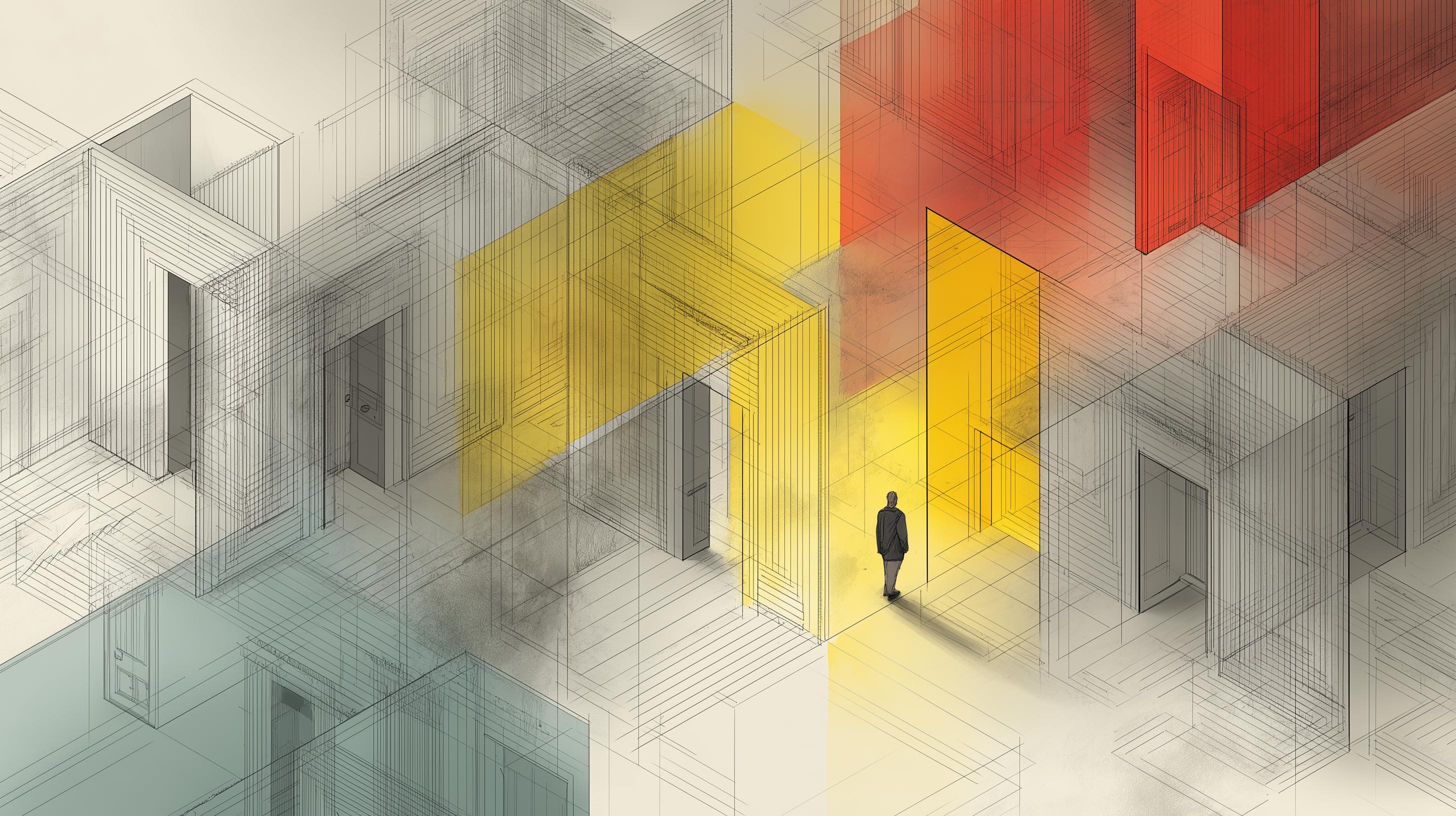 Threshold moment — one door clearly leads somewhere, the others do not. A figure stands at the point of decision.