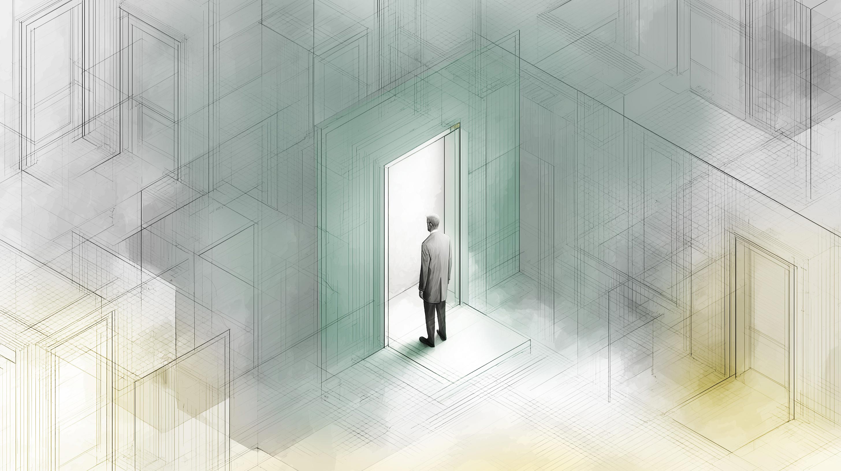 Conceptual illustration of an institutional interior receding to a single clear entry point — one open door, the decision belongs to the viewer