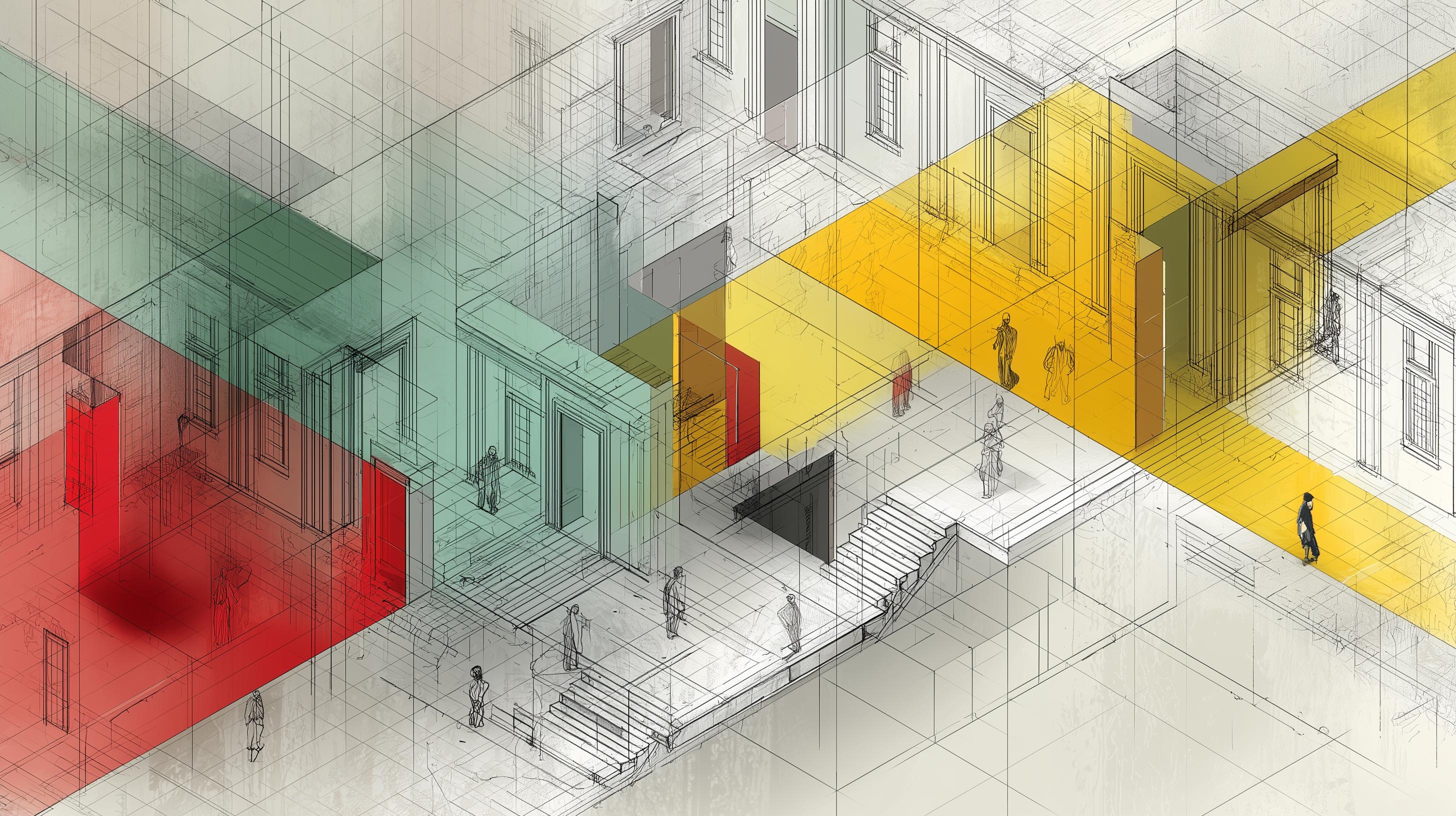 Axonometric illustration of an impossible institutional system — multiple paths visible, red and yellow planes mark dead ends and ambiguity
