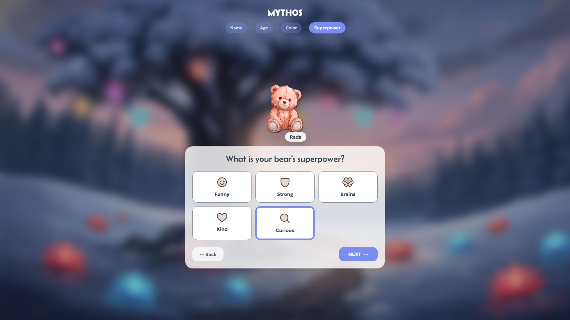 Mythos character creation screen — the child names their bear, chooses a color, and selects a superpower trait.