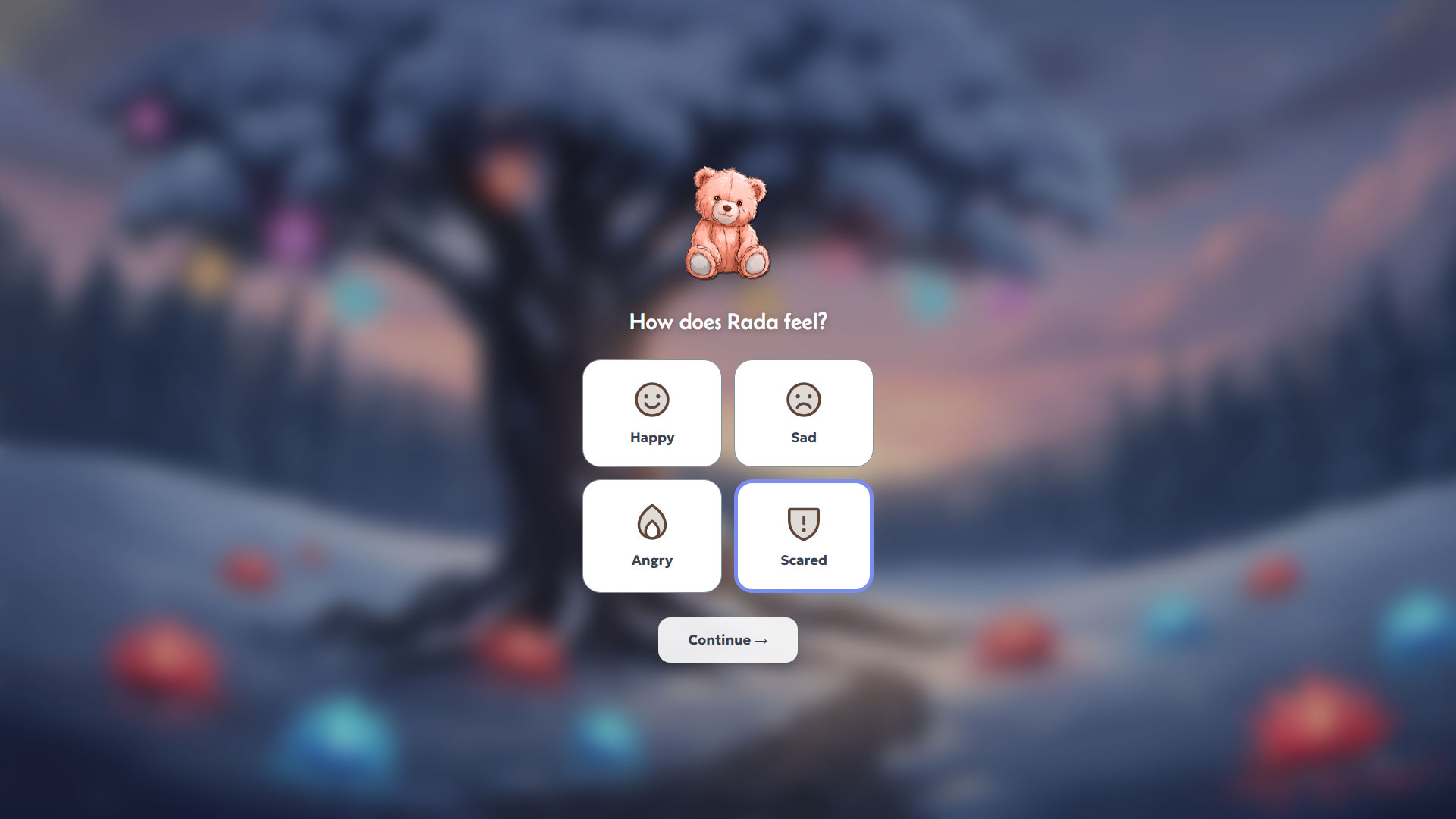 Mythos feeling zones screen — the bear is prompted to identify their current emotional state from a set of illustrated options.