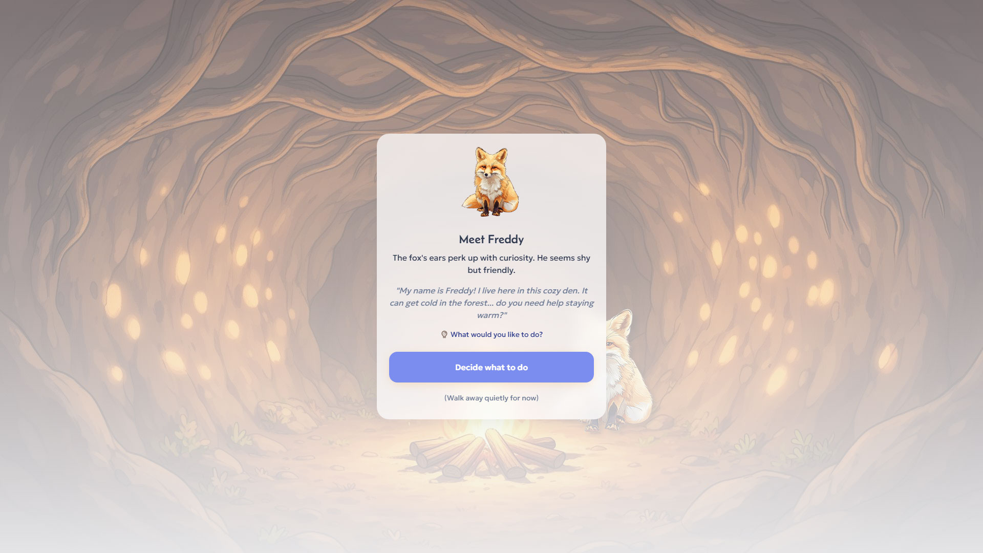 Mythos game — bear in the fox cave. Freddy the fox glows warmly. The bear&rsquo;s superpower shapes the interaction.