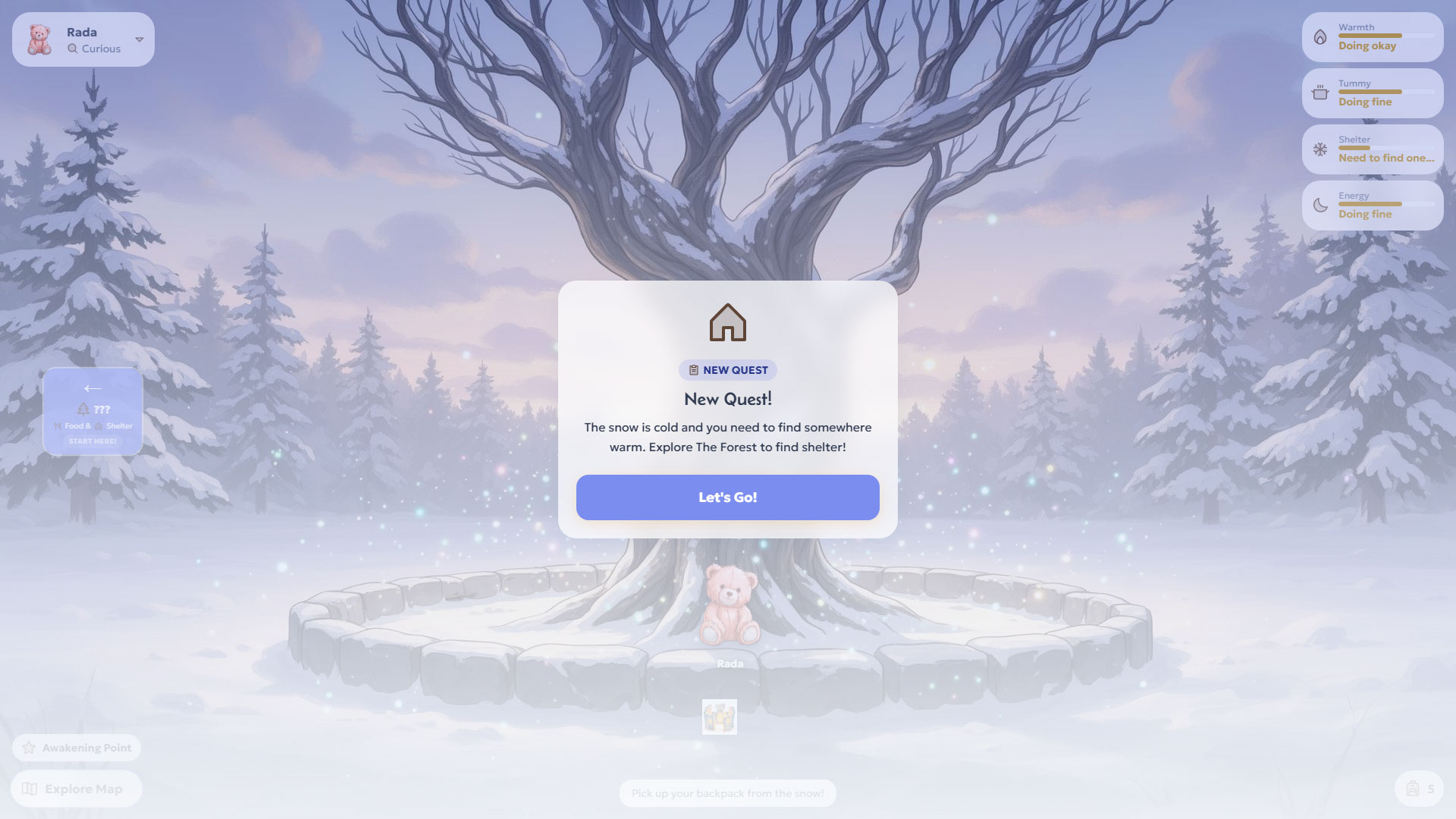 Mythos game — bear standing alone at the awakening point, a glowing threshold in a dark forest.