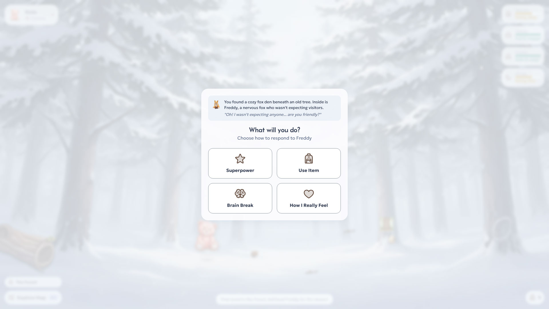 Mythos game — the spinner interface showing four choice options: superpower, use item, brain break, how I feel.