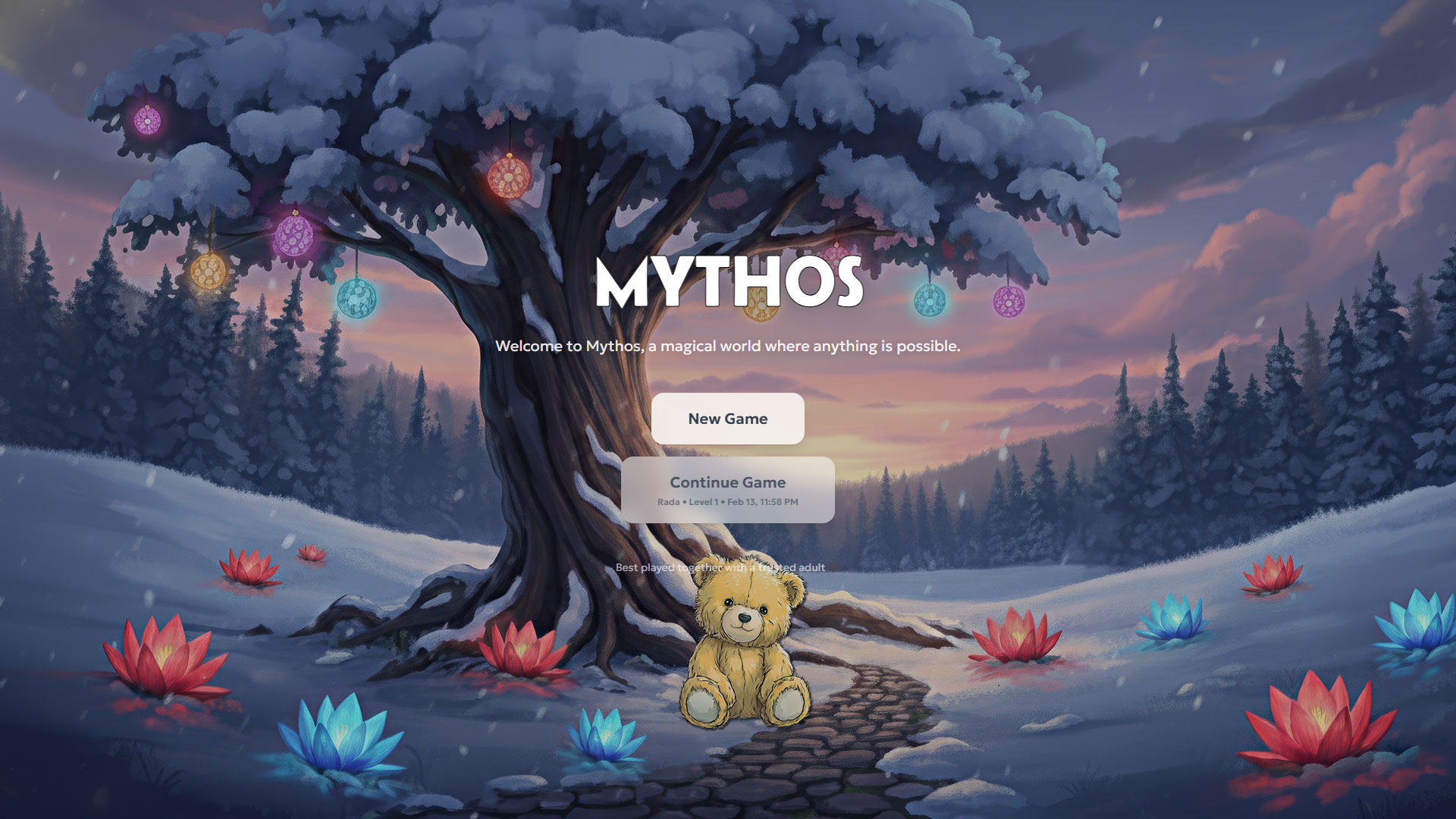 Mythos game world — a bear in a cold, desolate forest landscape with glowing atmospheric light.