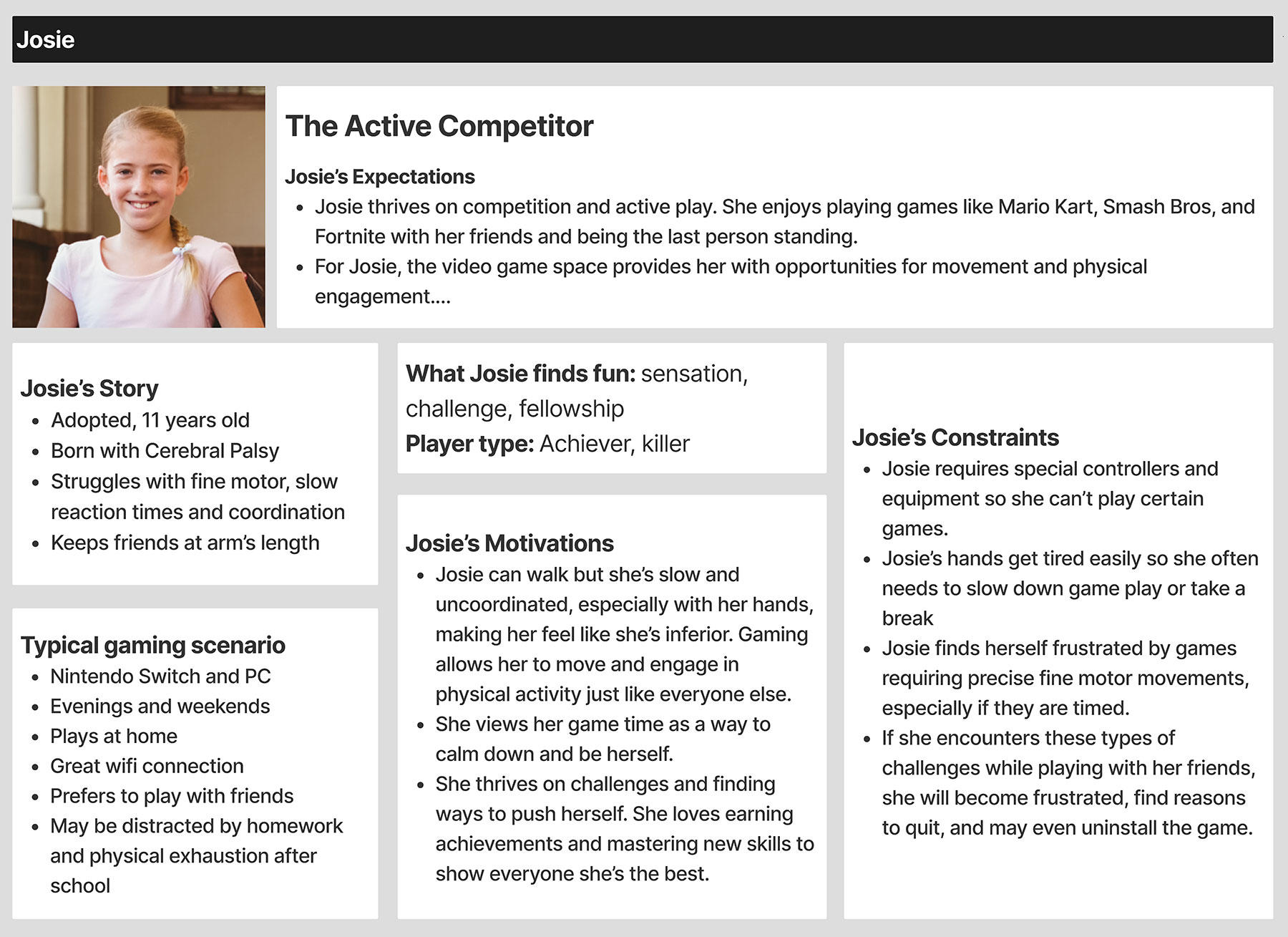 Josie, 11, The Active Competitor. Adopted from Bulgaria at age 2 with spina bifida and cerebral palsy. Diagnosed with executive functioning disorders and attachment disorder.