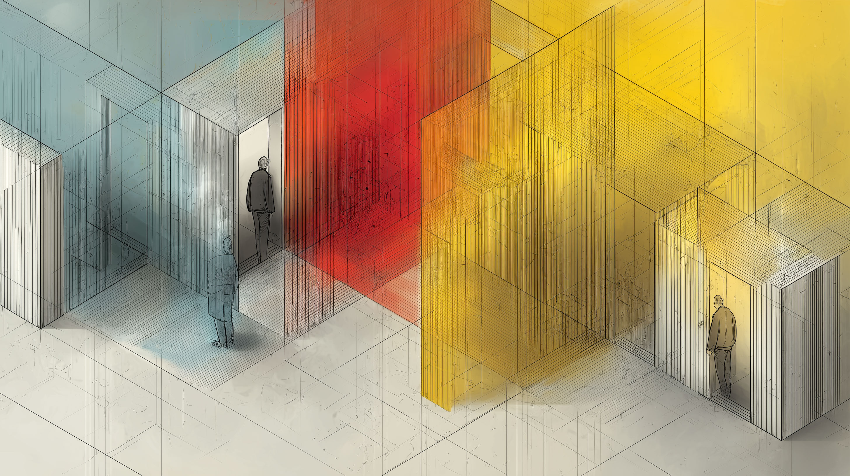 Two figures separated by a door — one inside the system, one outside it, neither able to reach the other