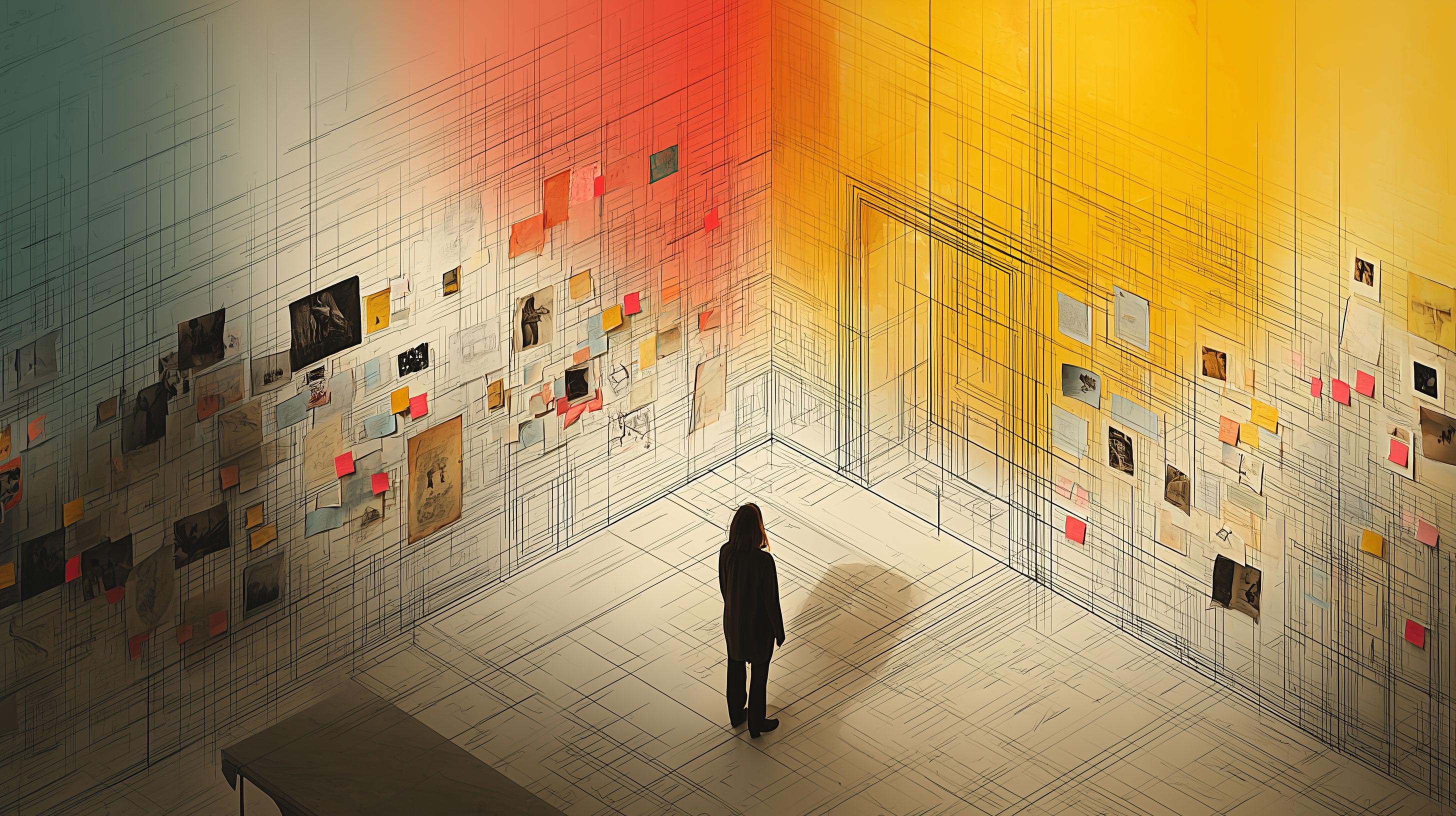 A figure working inside a dense field of affinity material — the synthesis step made visible
