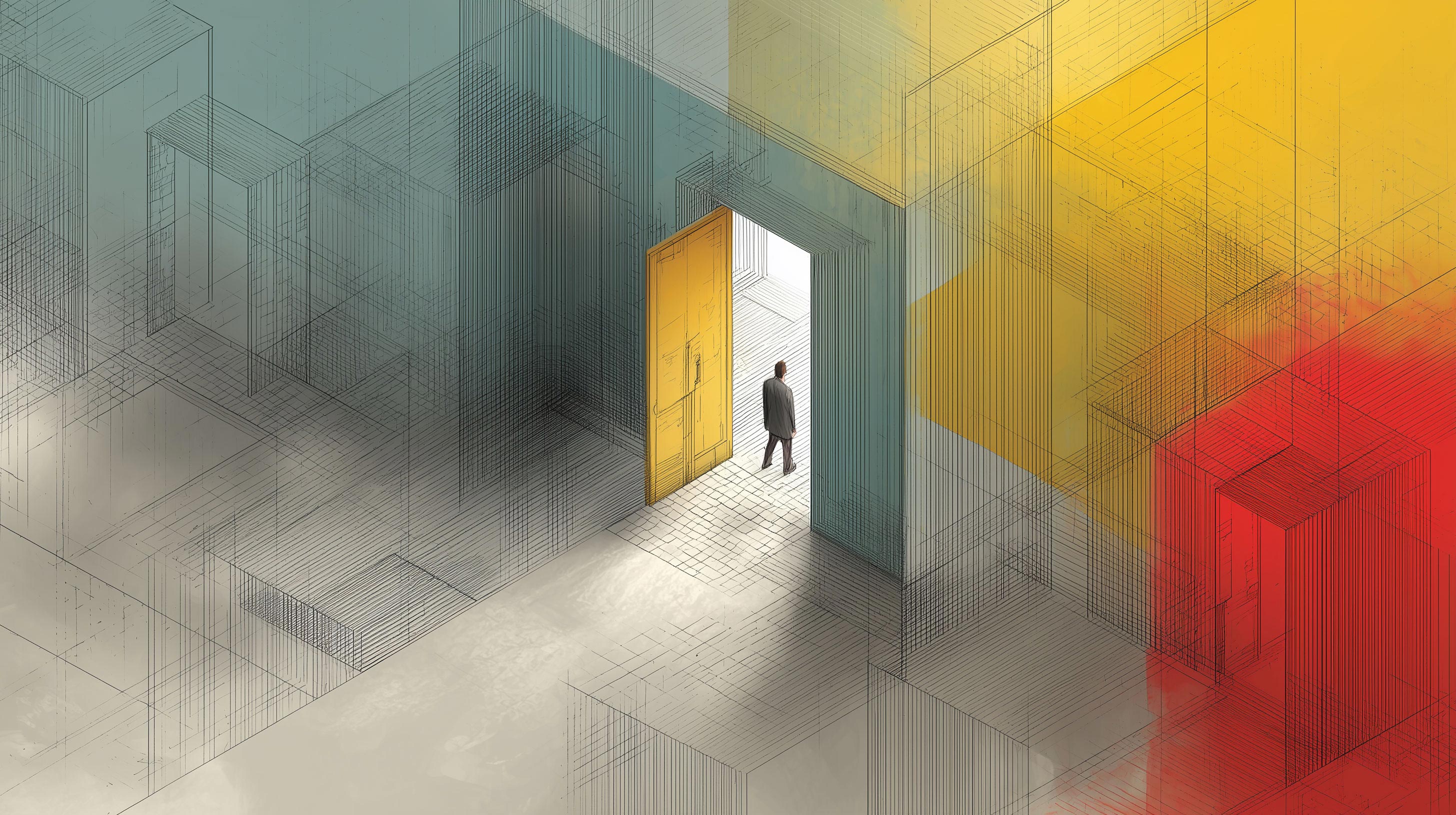 A doorway resolving from sketched linework into teal &mdash; the moment the path forward becomes clear