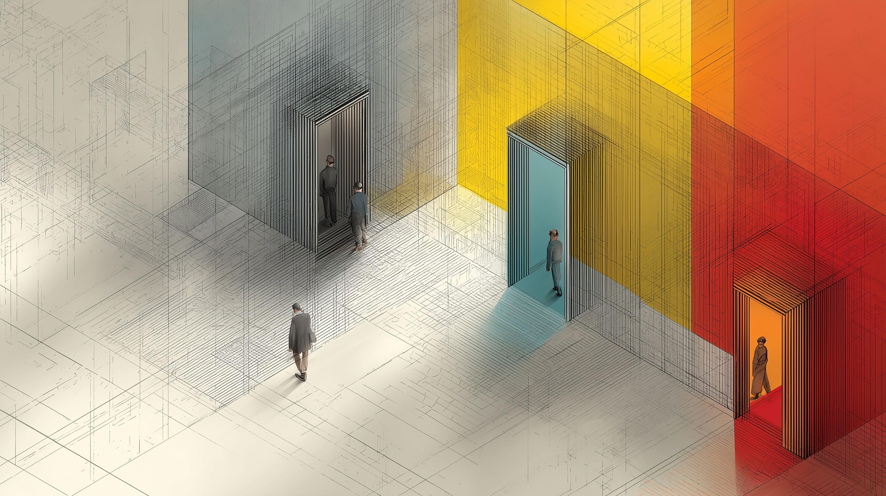 Three doors in a corridor &mdash; one resolves into light, the other two remain sketched and unresolved